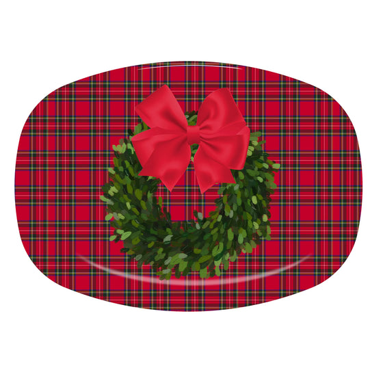 Red Tartan Plaid Christmas Boxwood Wreath Platter