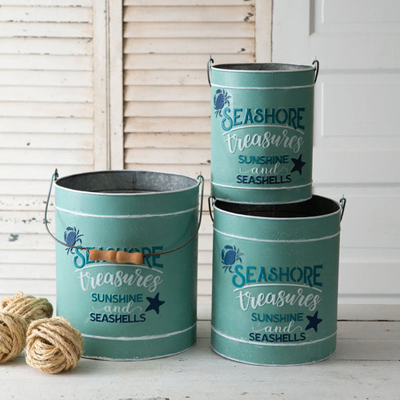 Set of Three Seashore Treasures Galvanized Buckets